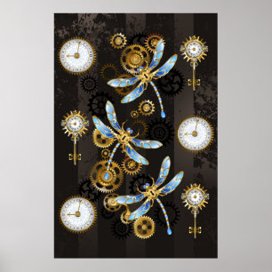 Poster Libélulas Steampunk em fundo listrado marrom