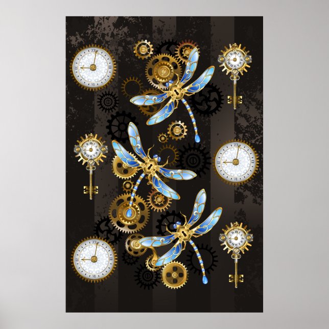 Poster Libélulas Steampunk em fundo listrado marrom (Frente)