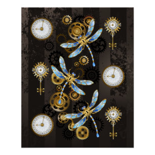 Pôster Libélulas Steampunk em fundo listrado marrom