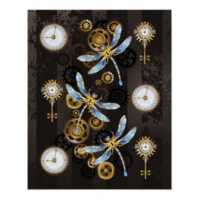 Pôster Libélulas Steampunk em fundo listrado marrom (Frente)