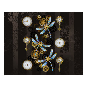 Pôster Libélulas Steampunk em fundo listrado marrom