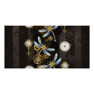 Pôster Libélulas Steampunk em fundo listrado marrom