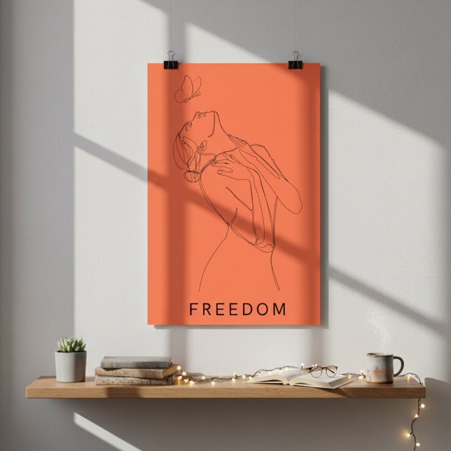 Poster Liberdade de Abraço: Arte em Linha de Mulheres e B (Embrace Freedom: Woman and Butterfly Line Art Poster)