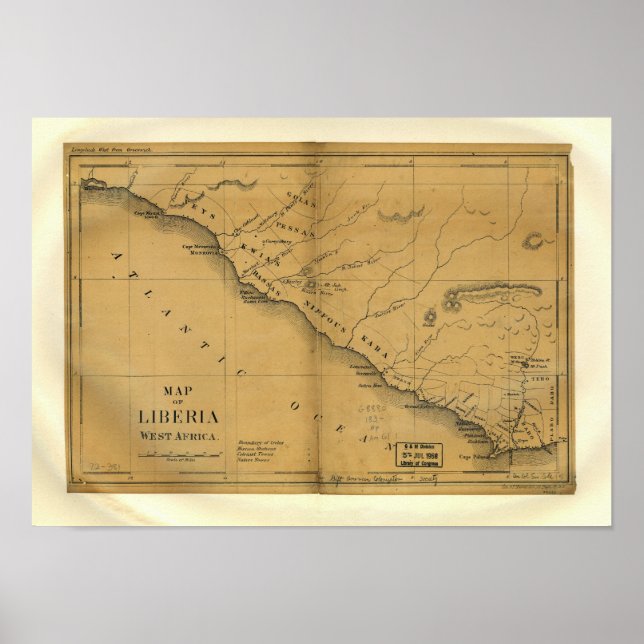 Pôster Libéria, África Ocidental, Mapa Antiquado de 1830 (Frente)