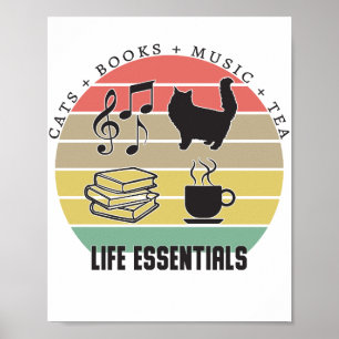 Poster "Life Essentials Cats, Chá, Livros, Música Vintage