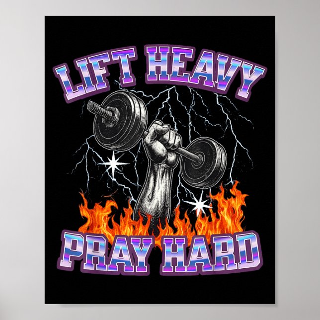 Poster Lift Heavy Pray Hard Gym Christian Workout Men Wom (Frente)