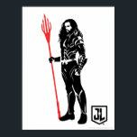 Pôster Liga da Justiça | Aquaman Pose Noir Pop Art<br><div class="desc">Veja esta silhueta branca e negra do Aquaman da Liga da Justiça como ele está com seu tridente. Este gráfico de estilo noir é acentuado com seu tridente colorido em vermelho brilhante.</div>