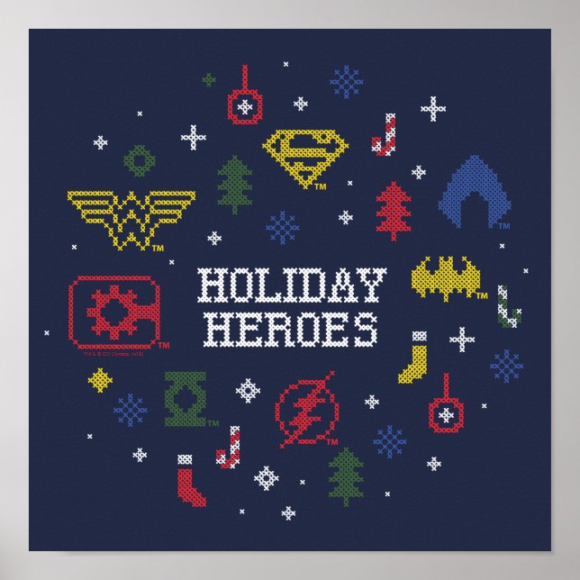 Poster Liga da Justiça "Heroes Holiday" Faux Cross-Stitch (Frente)