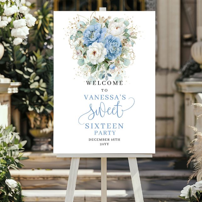 Poster Light Blue Floral Greenery Sweet 16 Welcome (Light Blue Floral Greenery Sweet 16 Welcome)