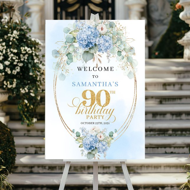 Poster Light Blue Watercolor Floral 90th birthday welcome (Light Blue Watercolor Floral 90th birthday welcome)