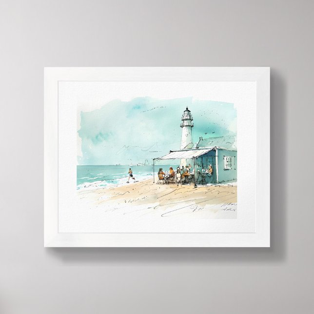 Poster Lighthouse Beach Café – Nautical Sketch Watercolor (Criador carregado)