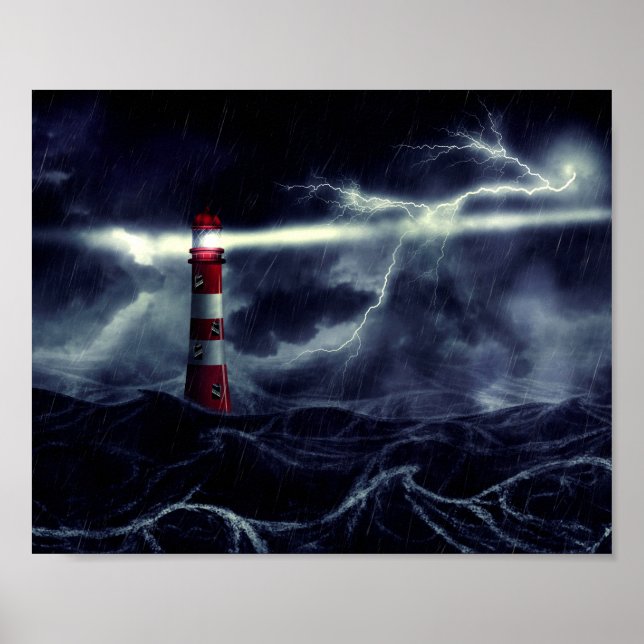 Poster Lighthouse in the stormy sea digital illustration (Frente)