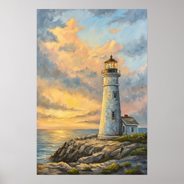 Poster Lighthouse Rocky Coast Sunset. (Frente)