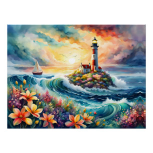 Pôster Lighthouse Sailboat Floral Beauty Watercolor