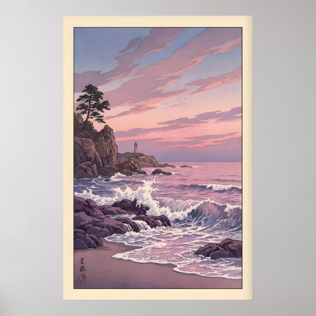 Poster Lighthouse Sunset Print Muted Blue and Pink (Frente)