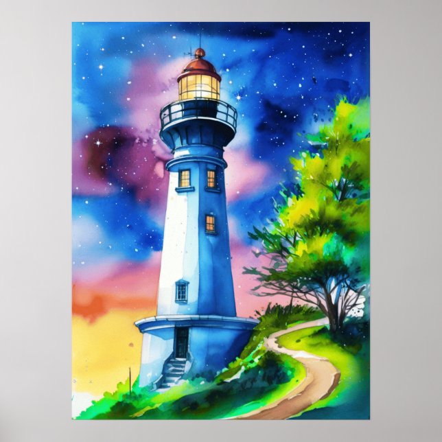 Poster Lighthouse Under a Starry Sky (Frente)