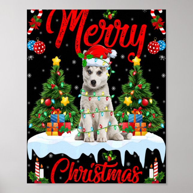 Poster Lights Xmas Tree Santa Siberian Husky Dog Christma (Frente)