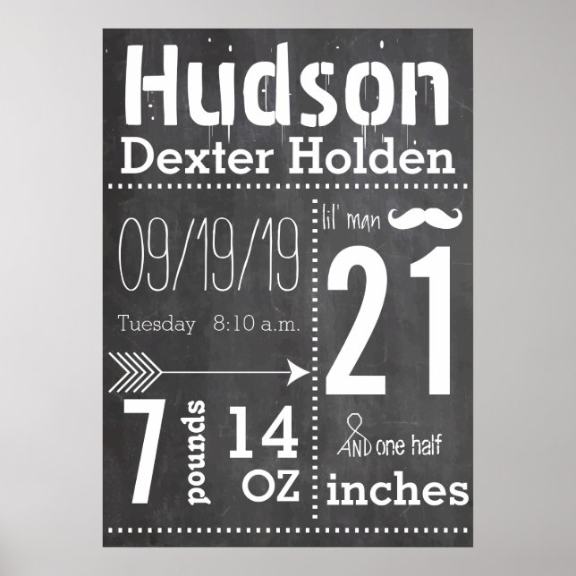 Pôster Lil Man Mustache Chalkboard Boy Seta (Frente)