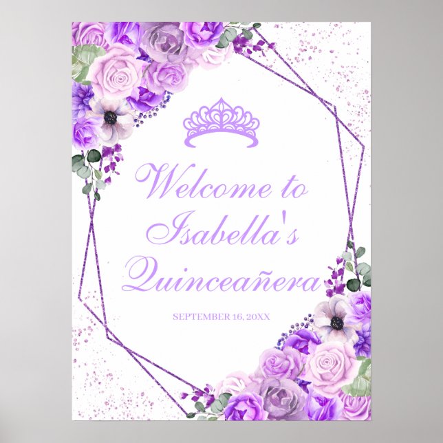 Poster Lilac Purple Floral Quinceanera Sinal de Boas-vind (Frente)