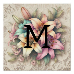 Pôster Lilões florais cor de laranja cor-de-rosa monogram