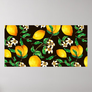 Poster Limão Sem Costura Padrão pintado à mão em aqua