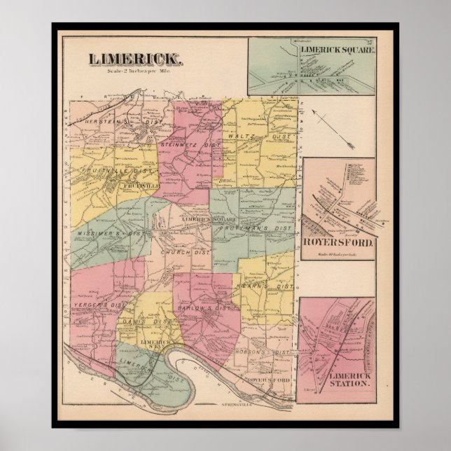 Poster Limerick Royersford PA, Mapa da Pensilvânia, 1871 (Frente)