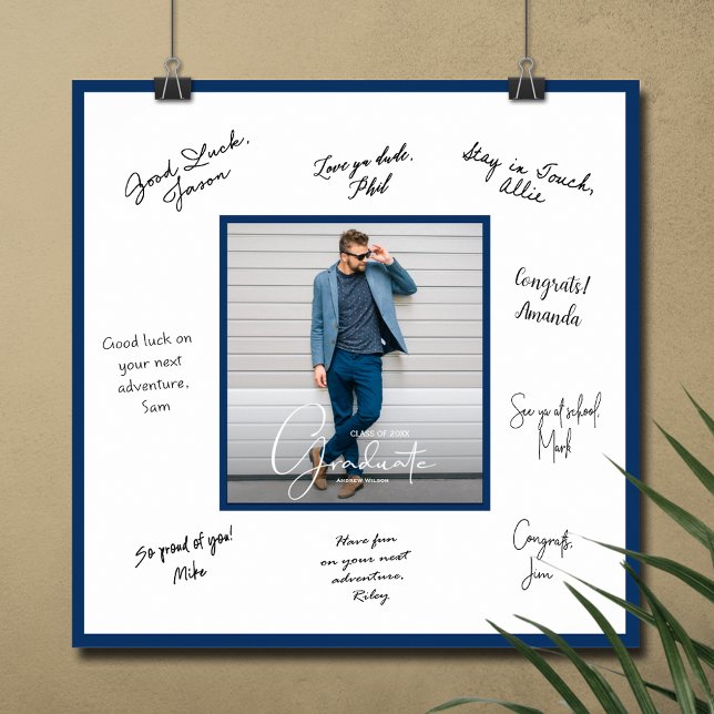 Poster Limite Azul do Marinho do Autografo de Graduação d (Graduation autograph photo poster with navy blue border, INSTANT DOWNLOAD and/or PRINTED)