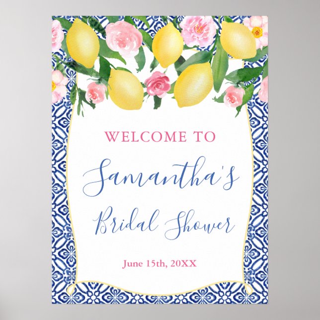 Poster Limões Amalfi Flores Rosa Azulejo Bridal Shower (Frente)