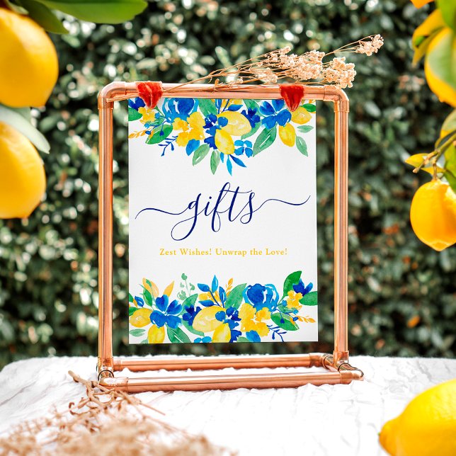 Poster Limões amarelos azuis chá de panela de presentes f (Blue yellow lemons floral gifts bridal shower poster)