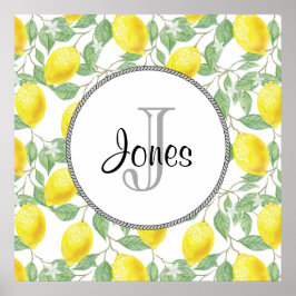 Pôster Limões Amarelos com Monograma de Padrão de Folhas 