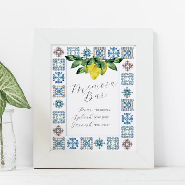 Poster Limões Bar Mimosa Azul e Amarelo (Blue tile and lemons mimosa bar sign featuring watercolor art Victoria Grigaliunas Do Tell A Belle)