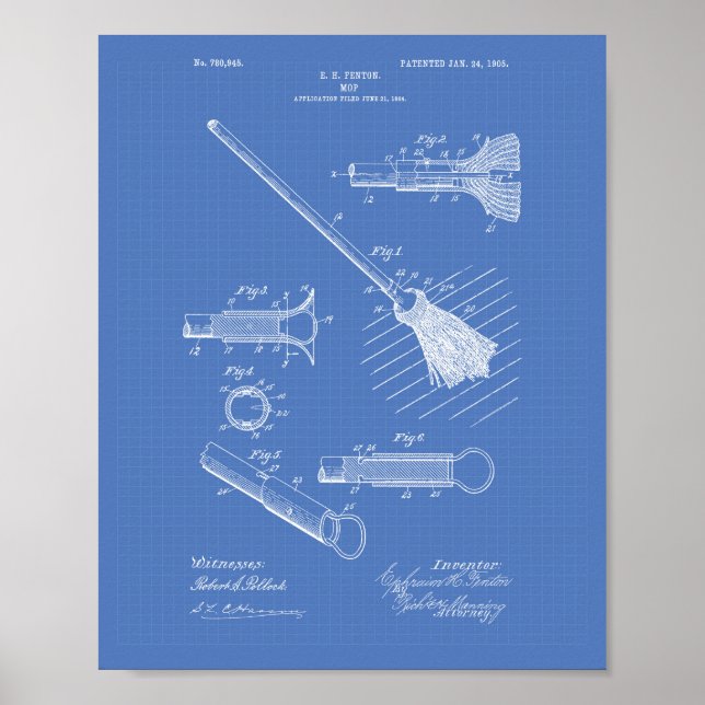 Pôster Limpando o Mop 1905 Patent Art Blueprint (Frente)