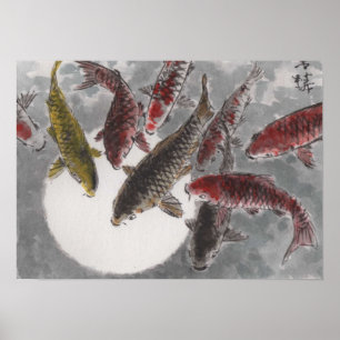 Pôster Lin Li's Art Chinese Watercolor 9 KOI Fish Moon