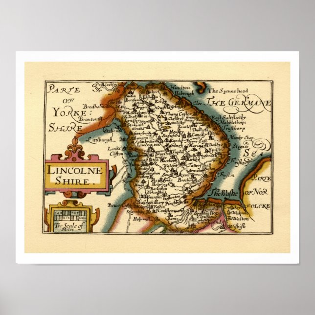 Poster Lincolnshire County England Antigo Mapa Antiquário (Frente)