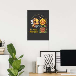 Poster Linda Abelha Kawaii Regando Girassol Abelha Feliz