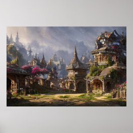 Poster Linda aldeia mágica encantada nas montanhas