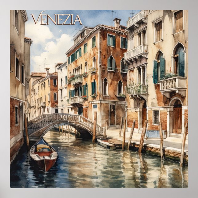 Poster Linda Aquarela de Veneza Viagem (Frente)