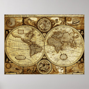 Poster Linda arte de Vintage e Mapa Mundial Antiquado