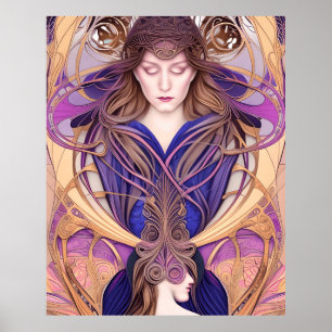 Poster Linda Arte Nouveau estilo azul roxo