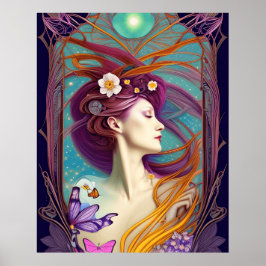Poster Linda Arte Nouveau Flores de borboletas azuis