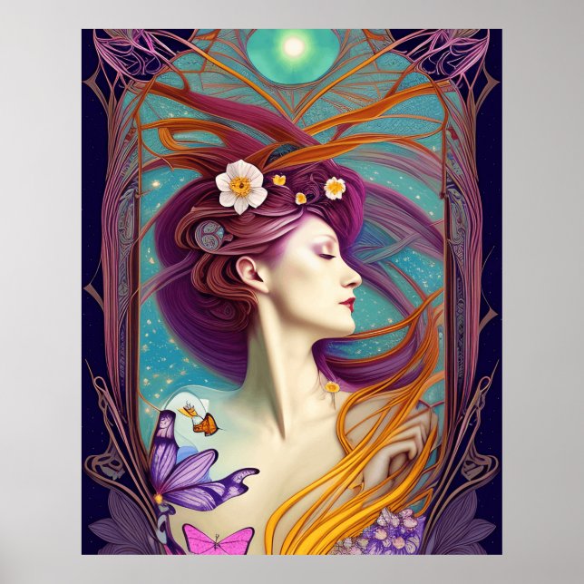 Poster Linda Arte Nouveau Flores de borboletas azuis (Frente)