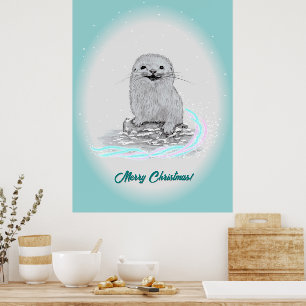 Poster Linda Bebê de Lontra Marinha Branca, Feliz Natal