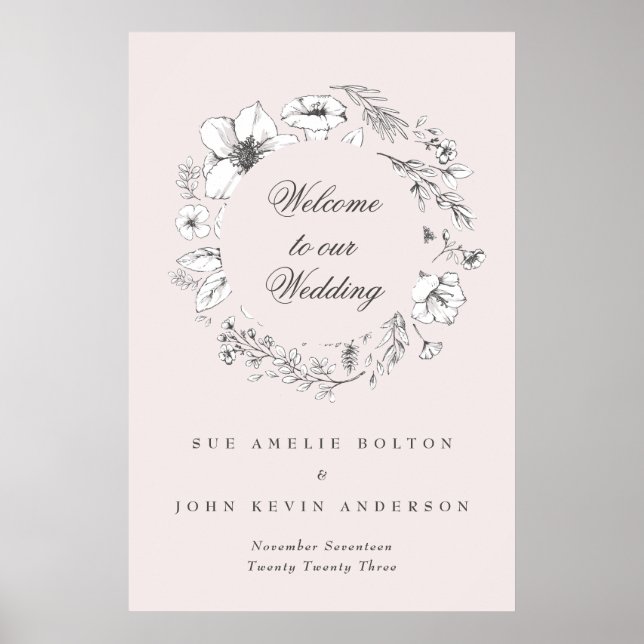 Poster Linda Blush Floral Monograma Descrito Bem-vindo (Frente)