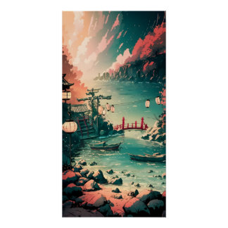 Pôster Linda Cena de Portos de Aquarela Japonesa