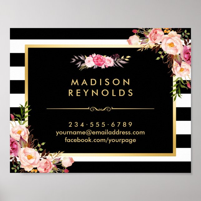 Poster Linda Dourada Floral Frame Black White Stripes (Frente)