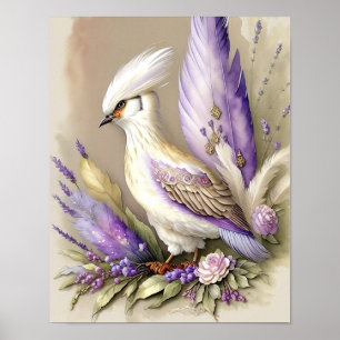 Poster Linda Estampa de Pássaro Penas Lavanda Marfim Dour