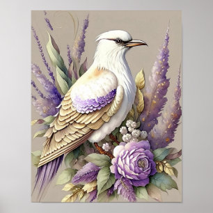 Poster Linda Estampa de Pássaro Penas Lavanda Marfim Dour