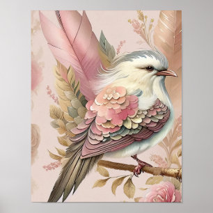 Poster Linda Estampa de Pássaro Rosa Penas de Marfim Rosa