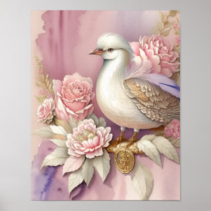 Poster Linda Estampa de Pássaro Rosa Penas de Marfim Rosa