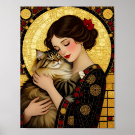 Poster Linda Garota Abraça Gato Fofinho e Felpudo Art Nou